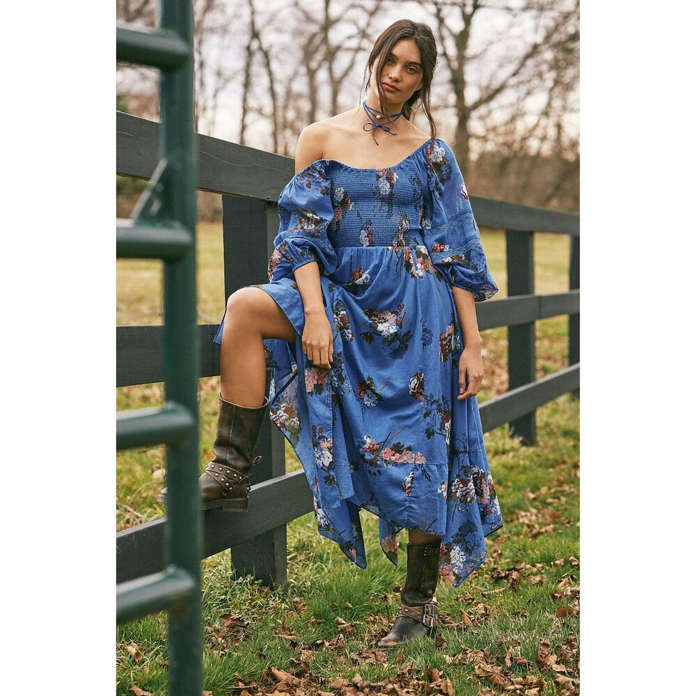 Free People Blue Floral Coquette Cottagecore Prairie Maxi Dress Sz M
